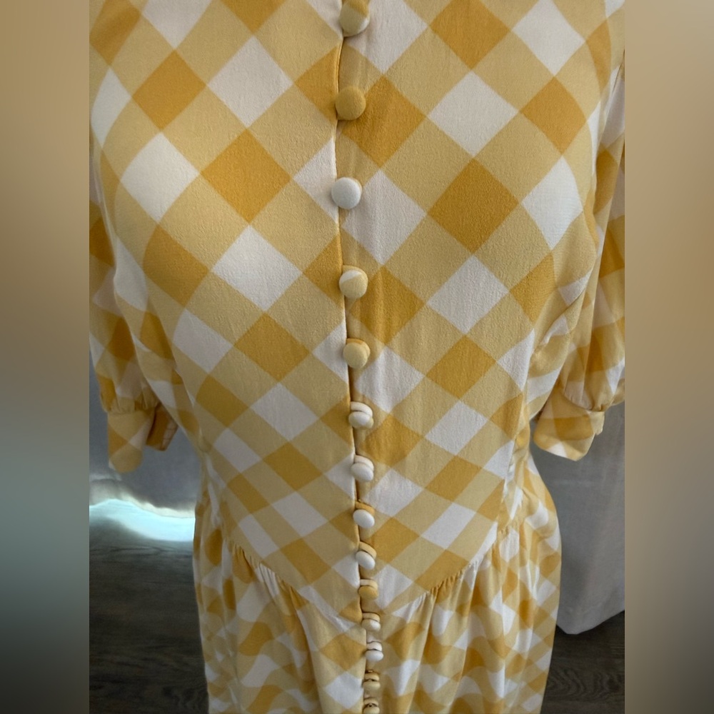 Reformation Dress Women's 10 Yellow Gingham Button Front Puff Sleeve Mini - Picture 3 of 4